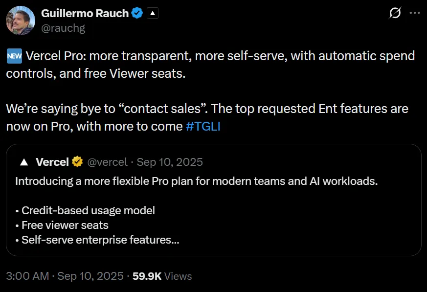 Guillermo Rauch Vercel Pro Pricing Announcement