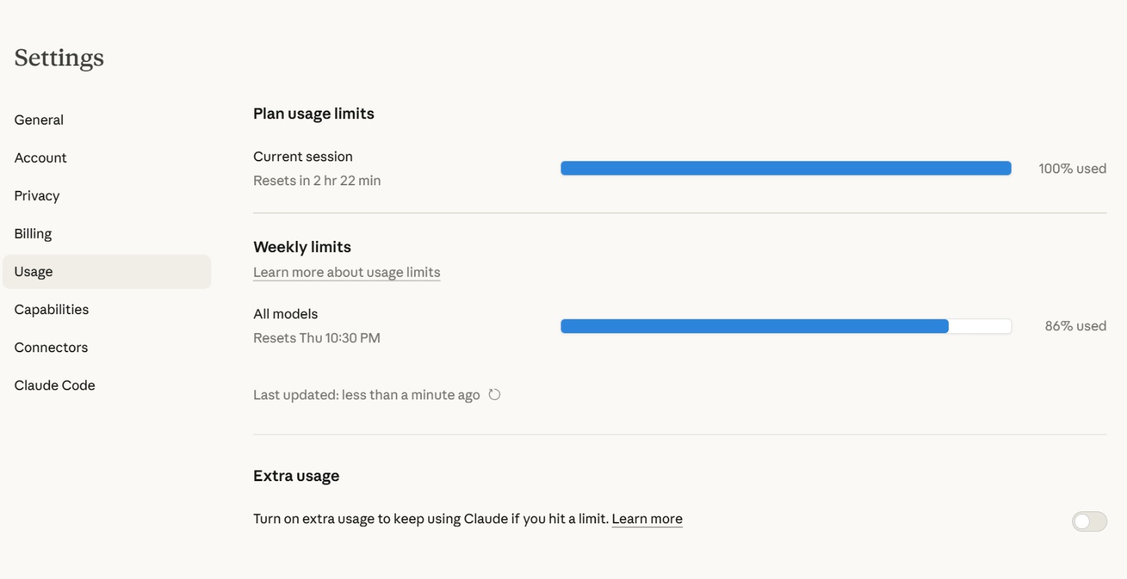 Claude Settings showing Usage page with plan limits at 100% for current session and 86% for weekly, plus Extra usage toggle at the bottom