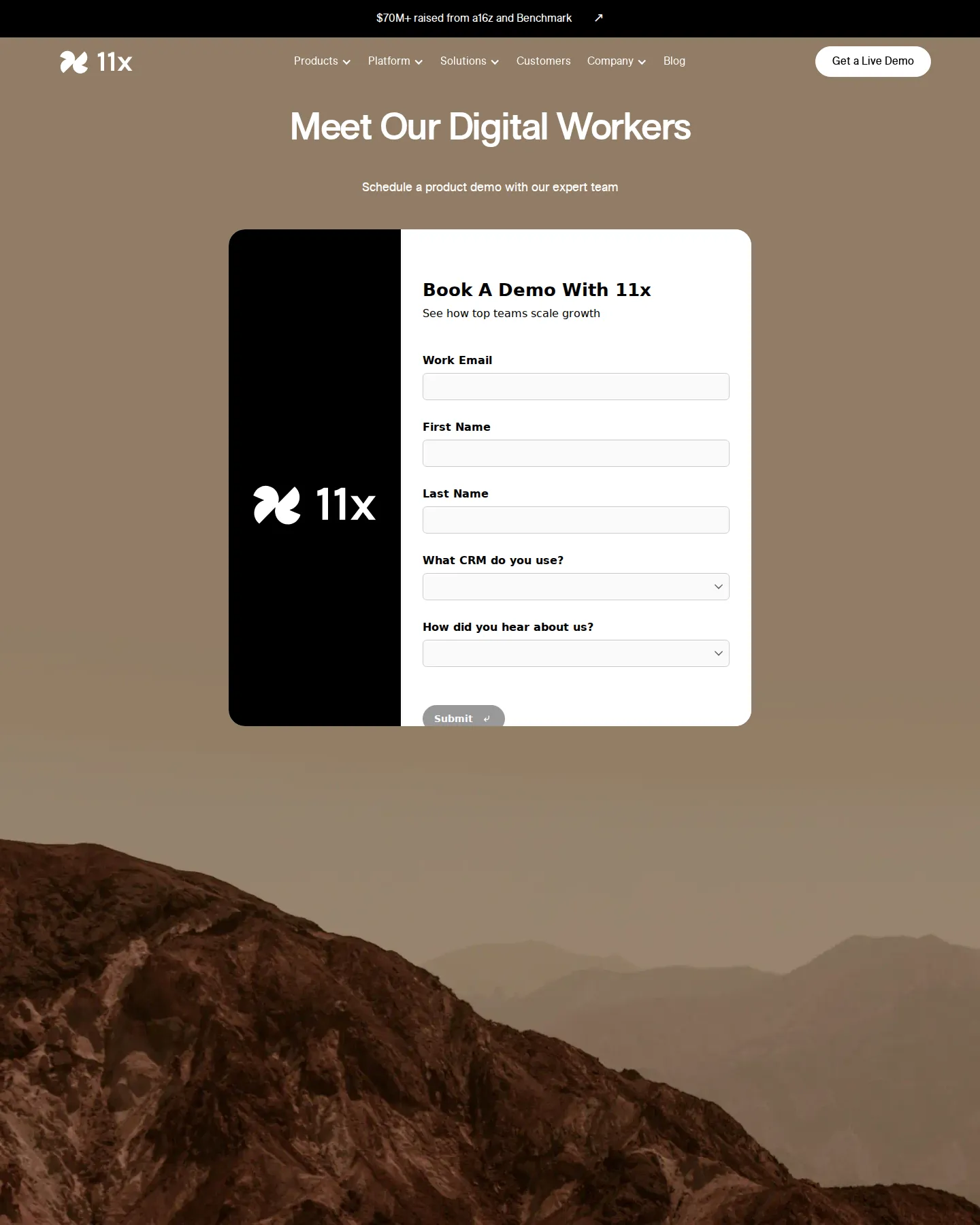 Captured as sales-only / gated - 11x exposes no public pricing. The homepage has no pricing link and the /pricing