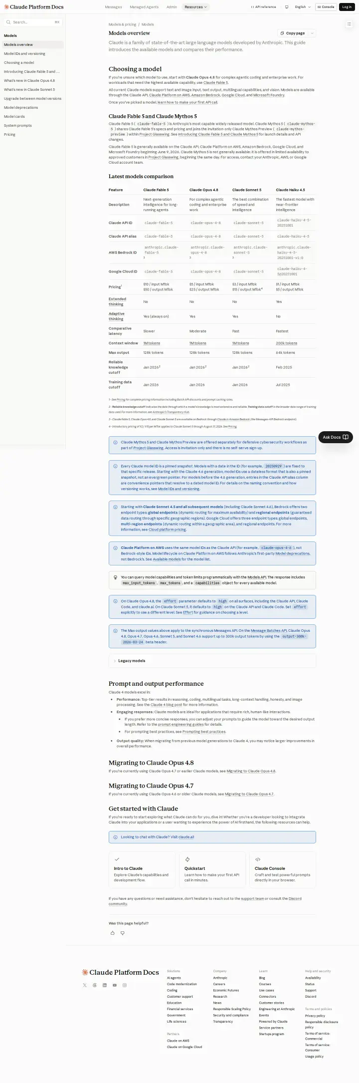 Anthropic models-docs, captured Jul 6, 2026