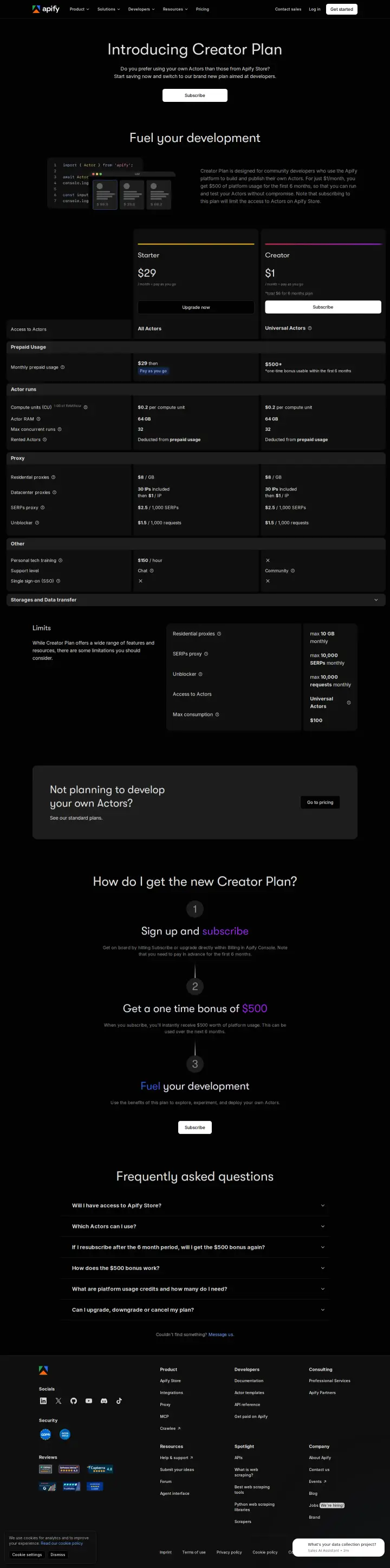 Apify Creator plan, captured Aug 25, 2026