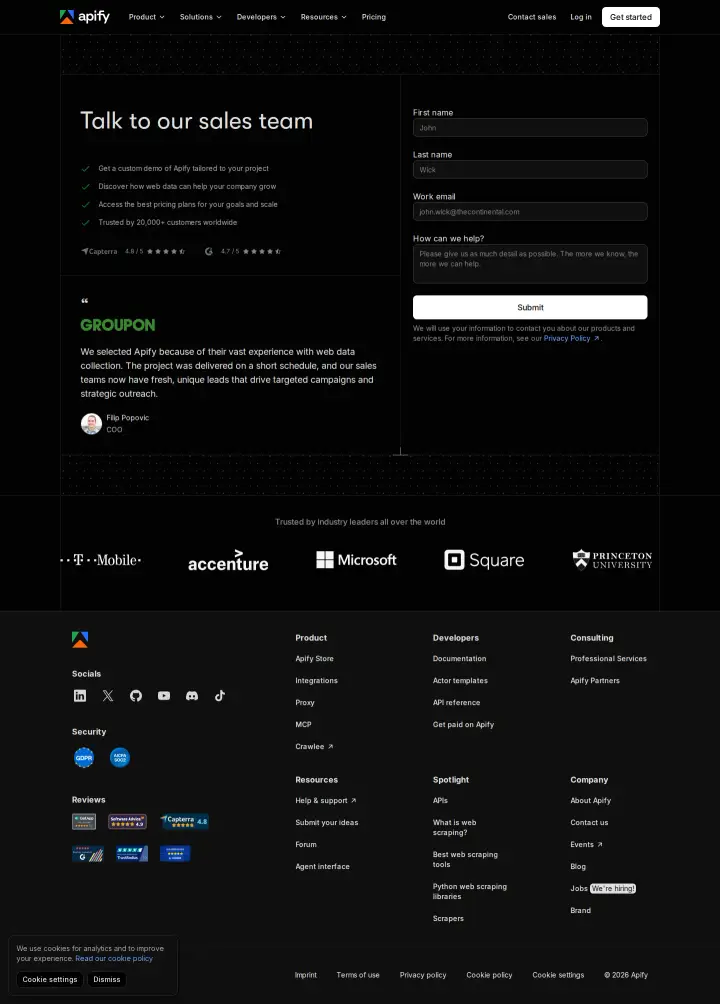 Apify Enterprise contact sales, captured Aug 25, 2026