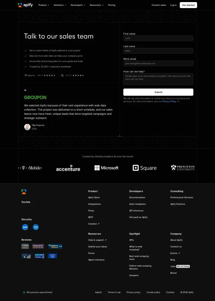 Apify Enterprise contact sales, captured Jul 29, 2026