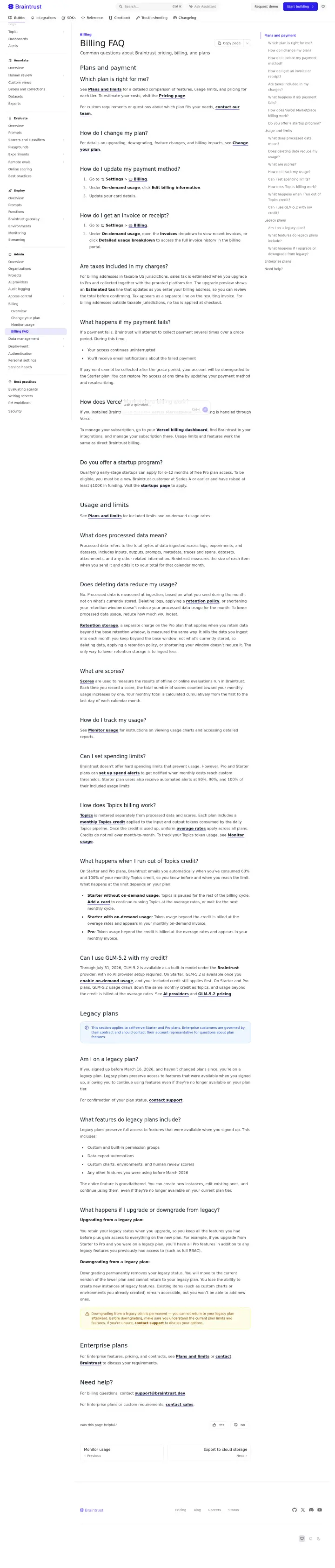 Braintrust pricing-faq, captured Jul 14, 2026
