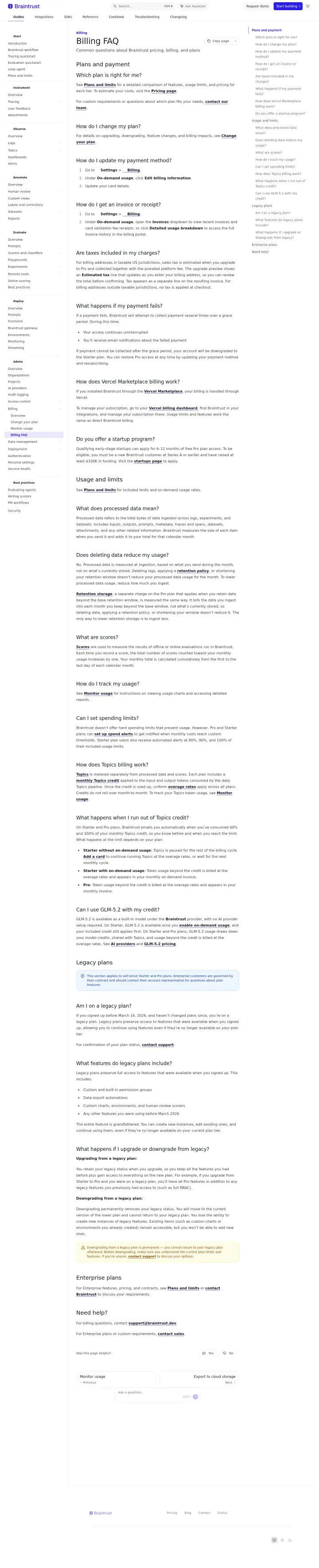 Braintrust pricing-faq, captured Jul 30, 2026
