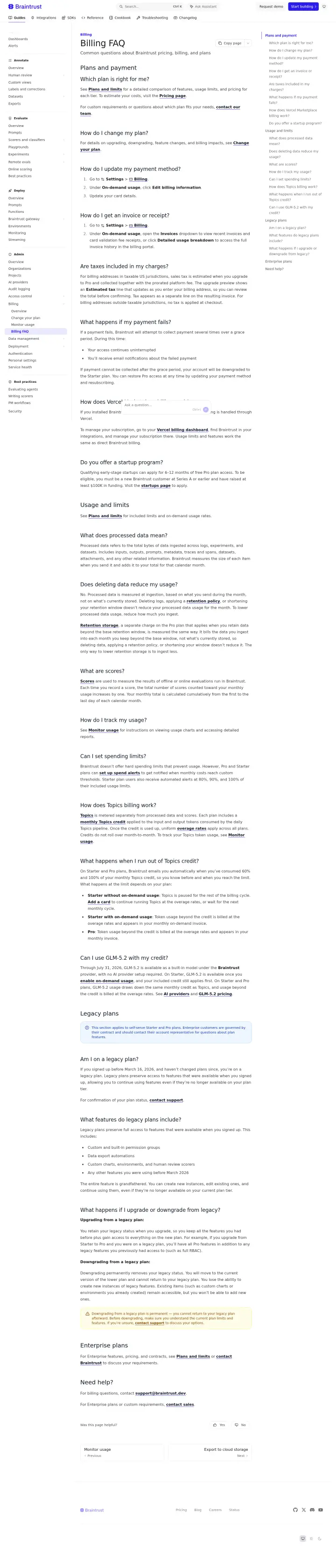 Braintrust pricing-faq, captured Jul 22, 2026