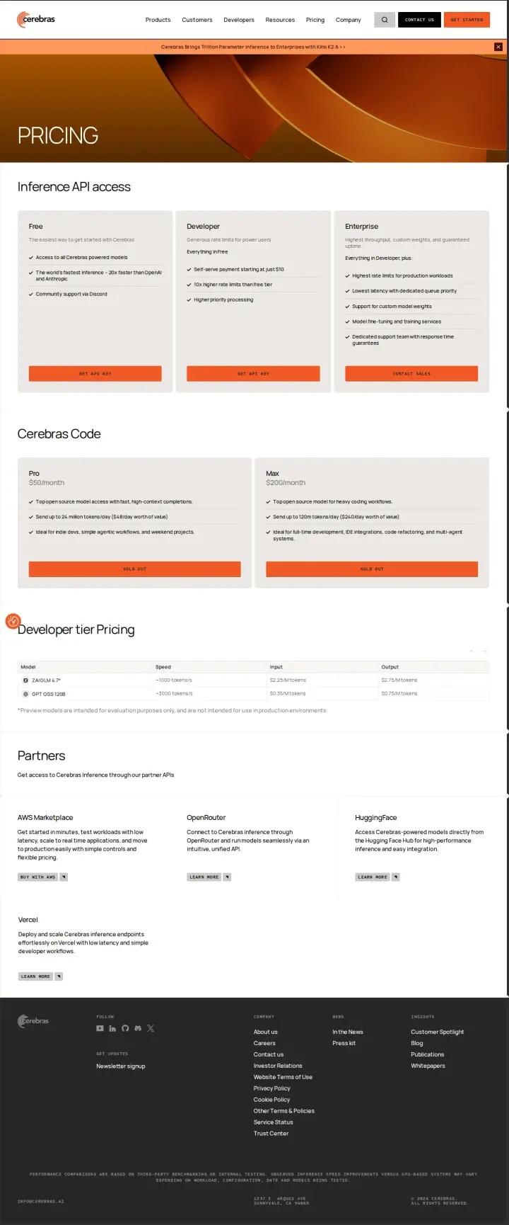Cerebras api-pricing, captured May 29, 2026