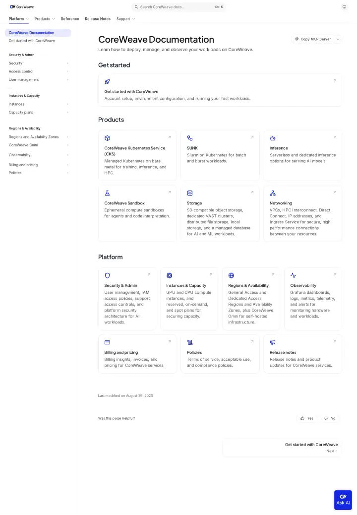 CoreWeave docs, captured Aug 28, 2026