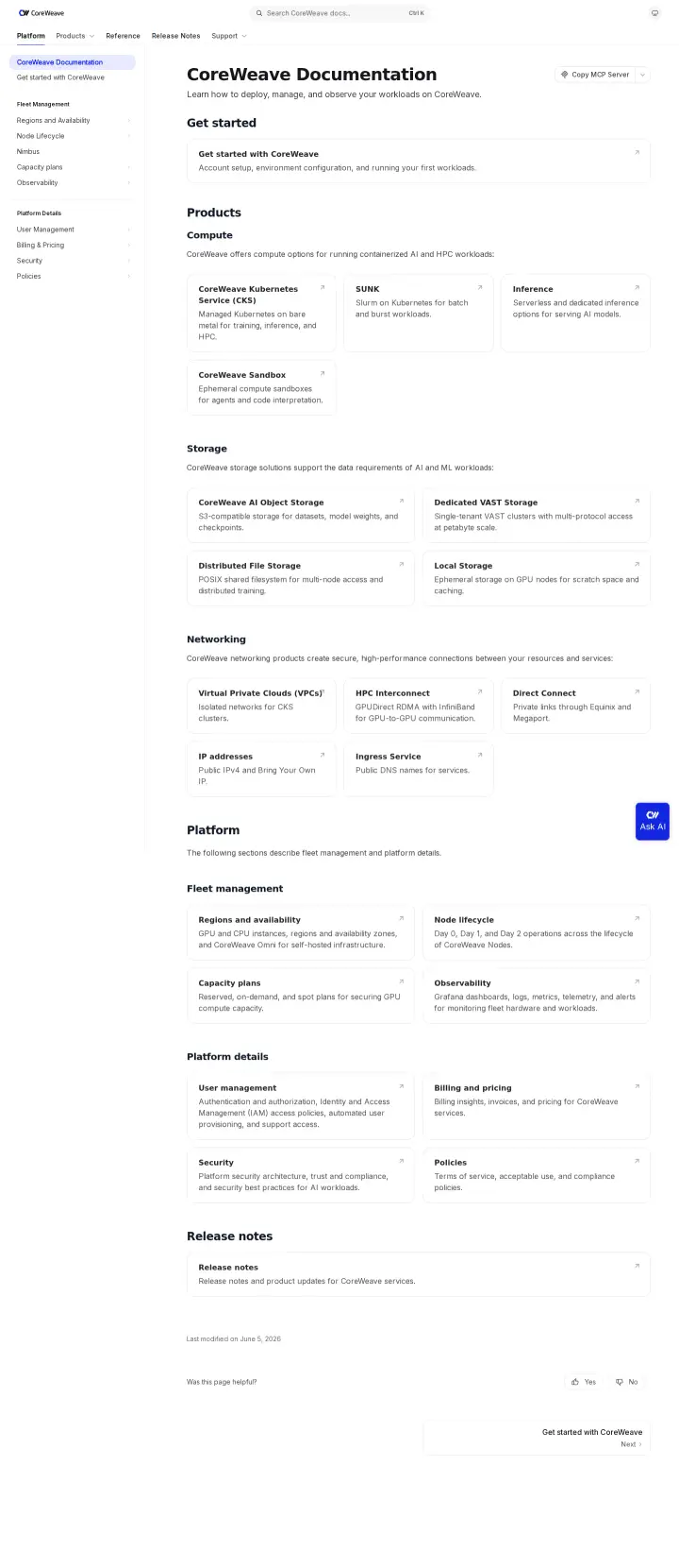 CoreWeave docs, captured Jul 21, 2026