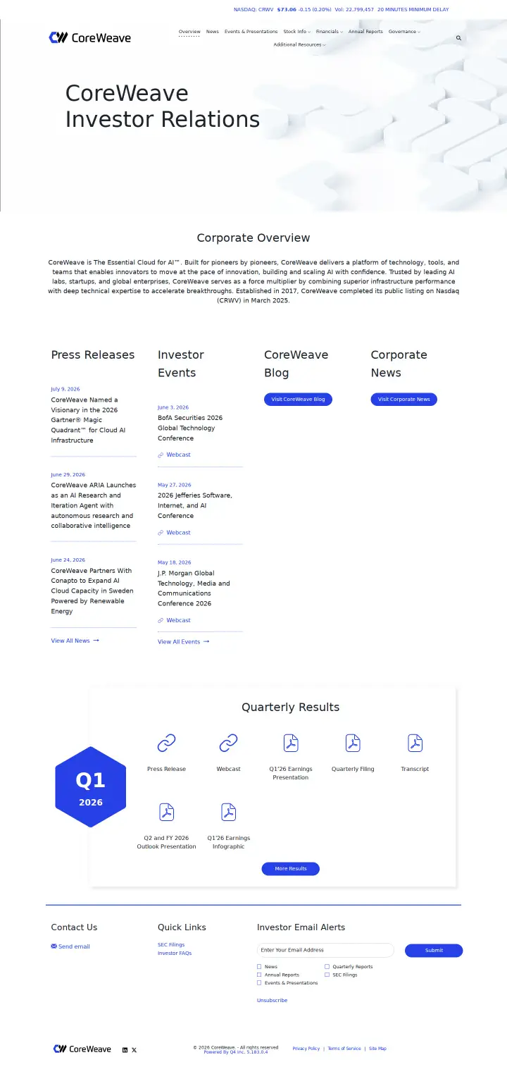 CoreWeave investor-relations, captured Jul 21, 2026