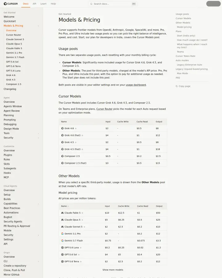 Cursor (Anysphere) models-and-pricing, captured Aug 26, 2026