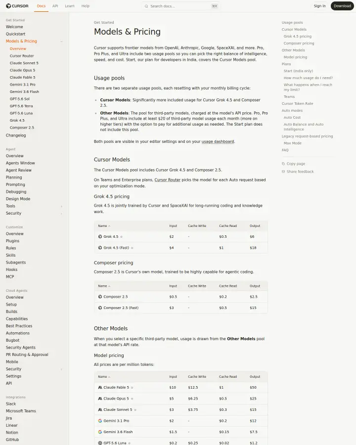Cursor (Anysphere) models-and-pricing, captured Aug 11, 2026
