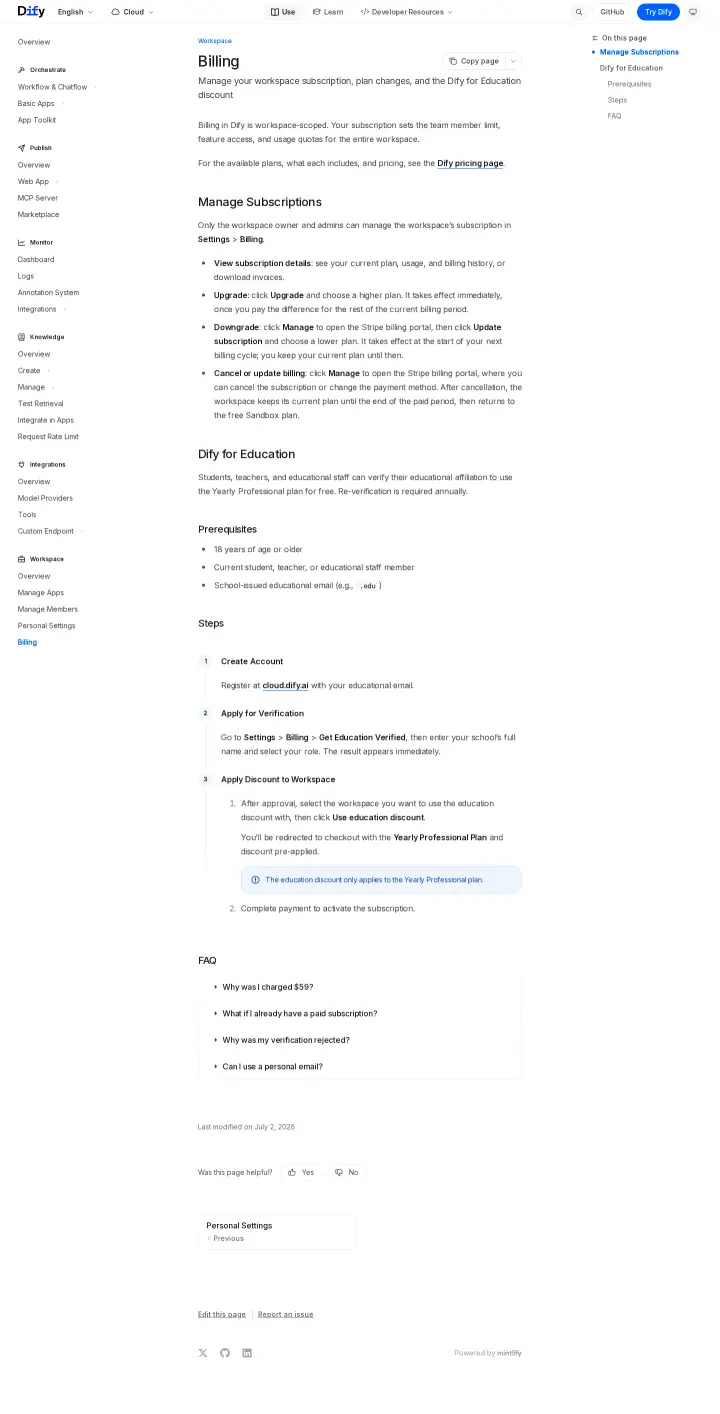Dify docs-pricing, captured Jul 14, 2026