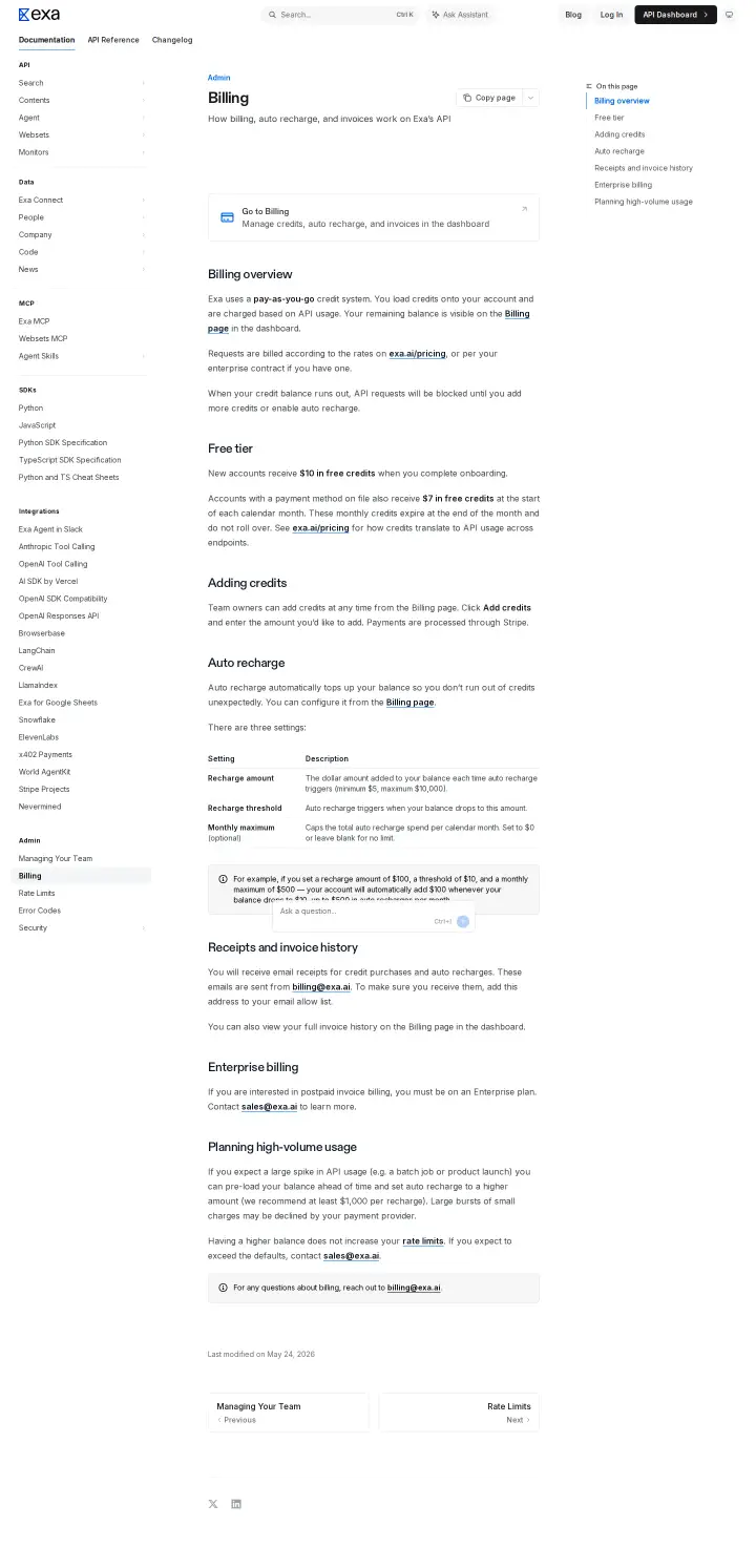 Exa docs-pricing, captured Jul 14, 2026