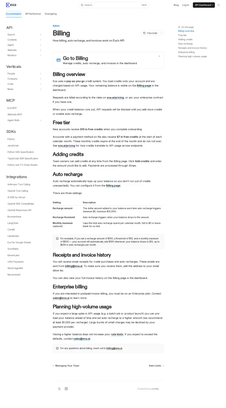 Exa docs-pricing, captured May 31, 2026