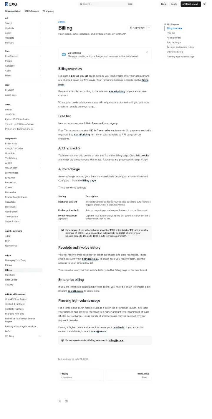 Exa docs-pricing, captured Aug 26, 2026