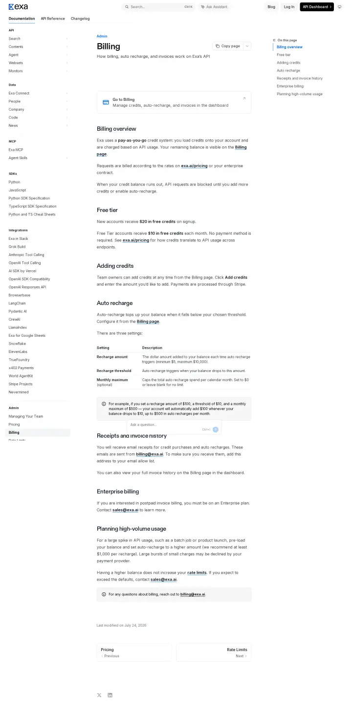 Exa docs-pricing, captured Jul 29, 2026