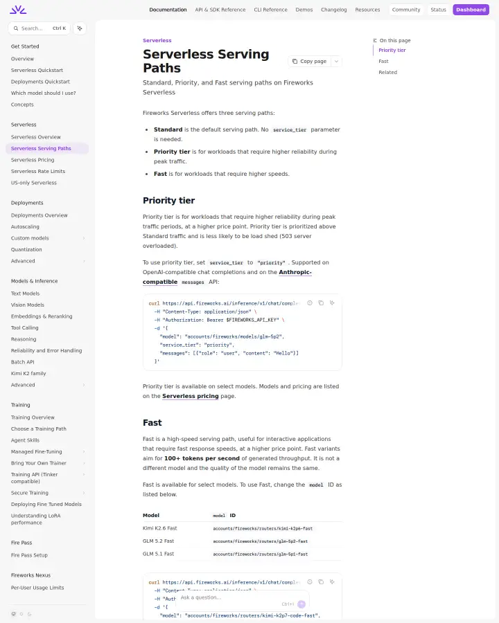 Fireworks AI serving-paths, captured Jul 29, 2026