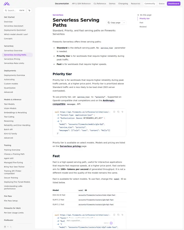 Fireworks AI serving-paths, captured Jul 22, 2026