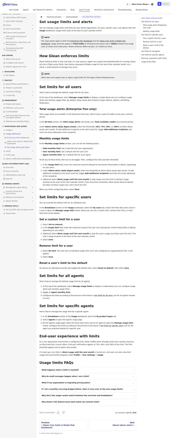 Glean usage-limits, captured Jul 29, 2026