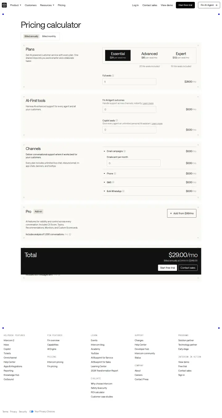 Intercom calculator, captured May 28, 2026