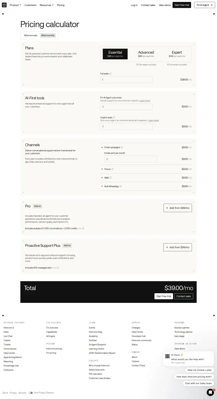 Intercom calculator-monthly, captured Aug 14, 2026