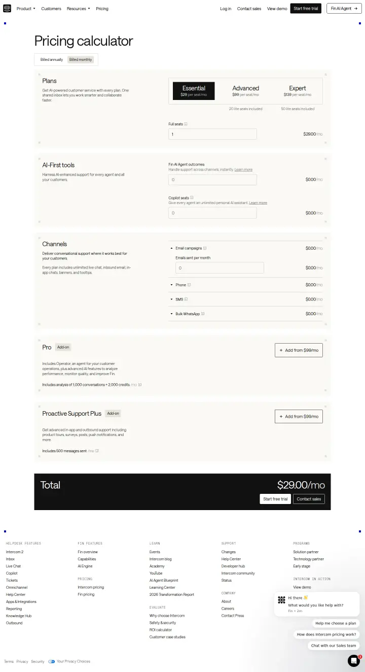 Intercom calculator-monthly, captured Aug 13, 2026