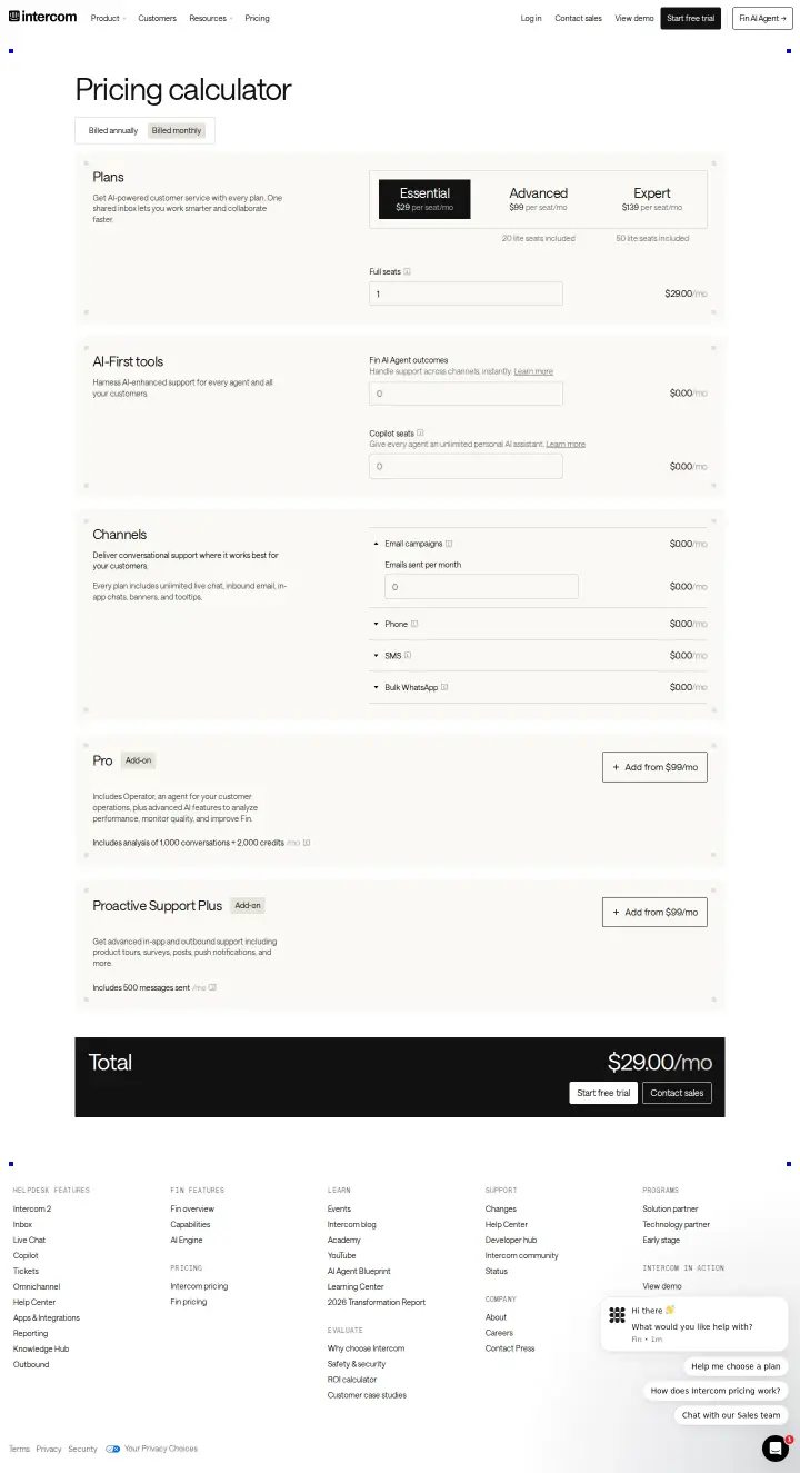 Intercom calculator-monthly, captured Aug 26, 2026