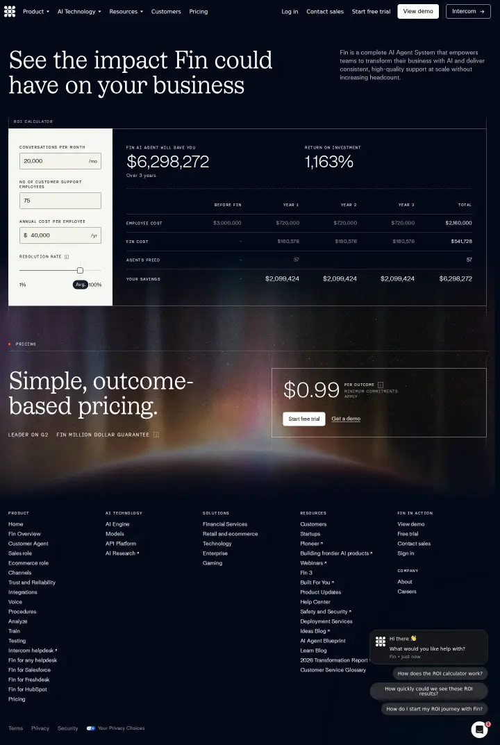 Intercom fin-roi-calculator, captured Aug 14, 2026