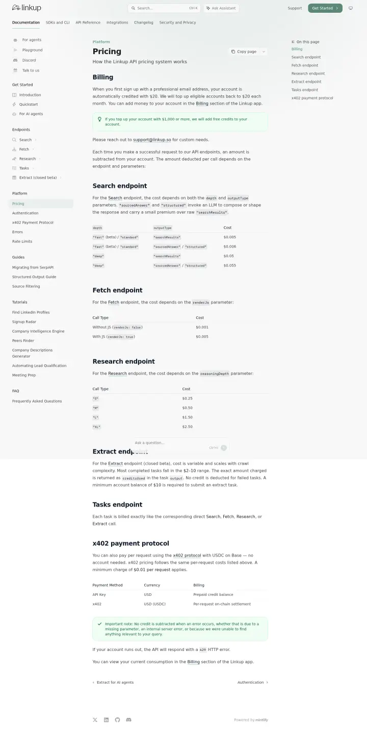 Linkup docs-pricing, captured Jul 14, 2026