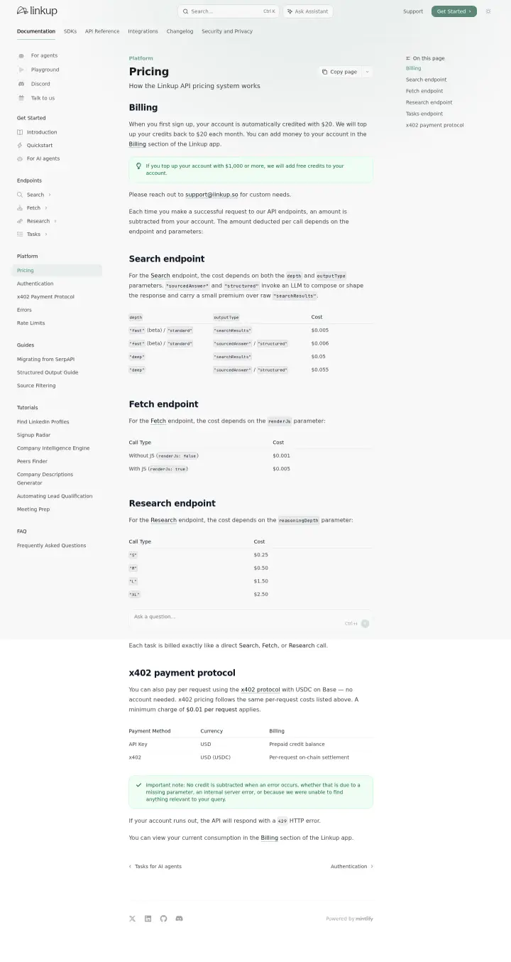 Linkup docs-pricing, captured Jun 4, 2026