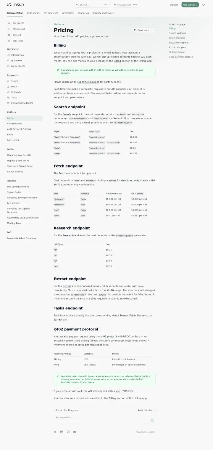 Linkup docs-pricing, captured Aug 28, 2026