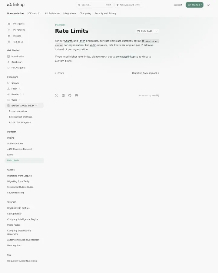 Linkup rate-limits, captured Aug 28, 2026