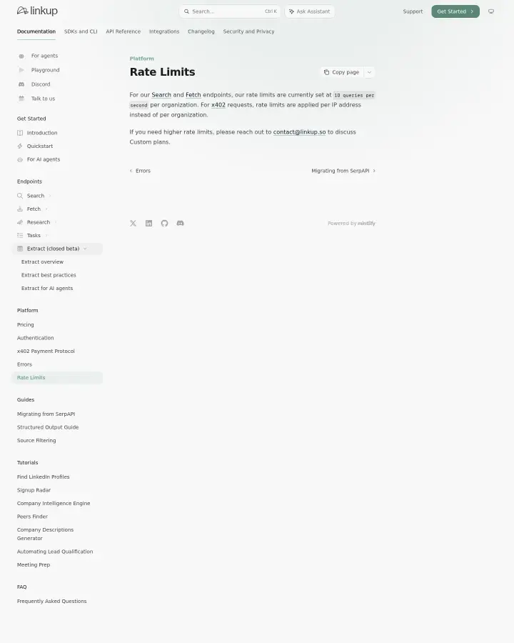 Linkup rate-limits, captured Jul 14, 2026