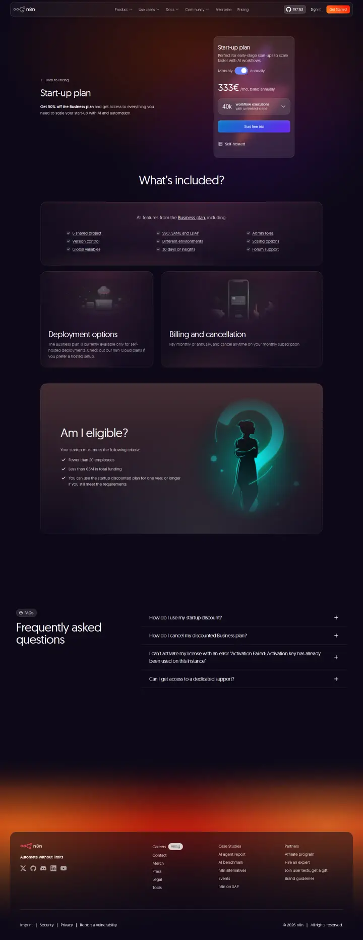n8n startup-plan, captured Jul 22, 2026