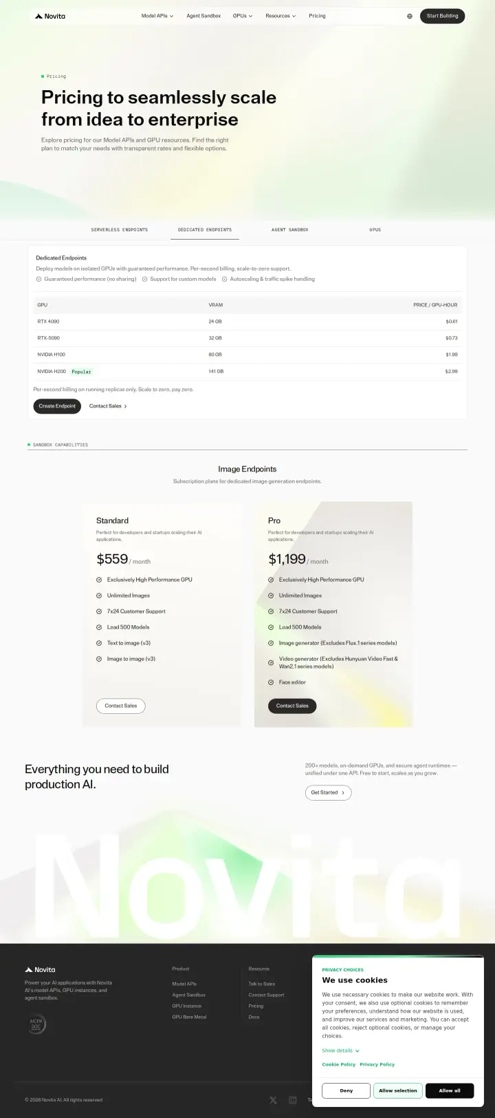 Novita AI main-dedicated-endpoints, captured Aug 26, 2026