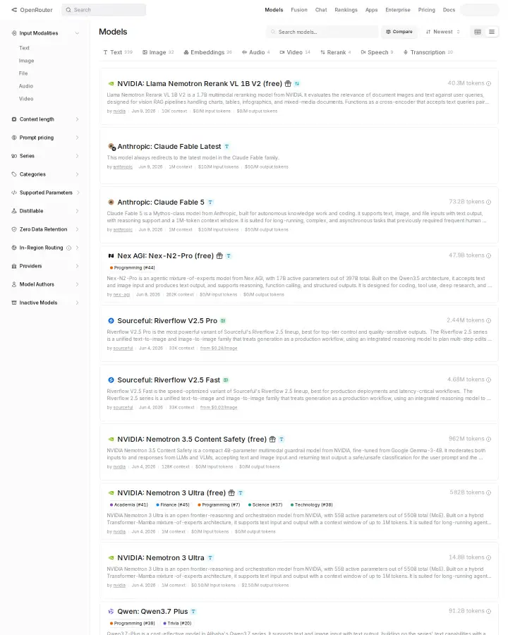 OpenRouter models, captured Jun 10, 2026