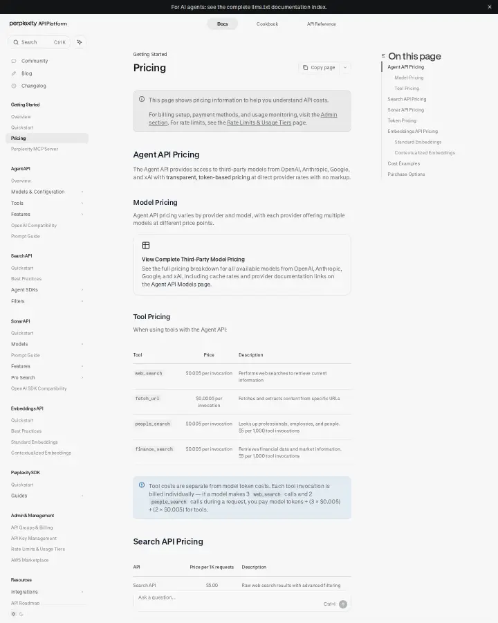 Perplexity AI api-pricing, captured May 29, 2026