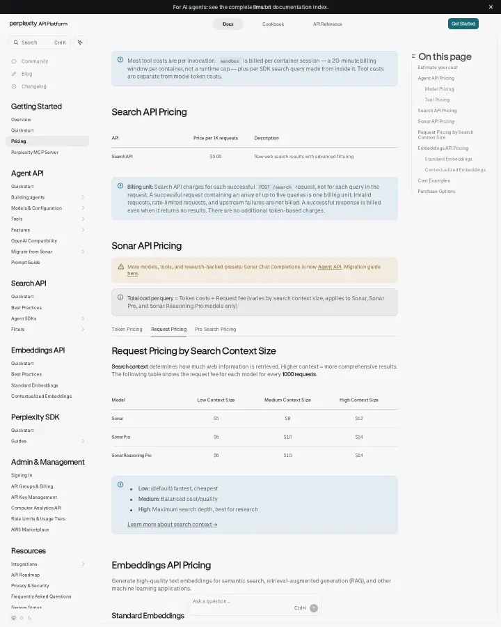 Perplexity AI api-pricing-request-pricing, captured Jul 29, 2026