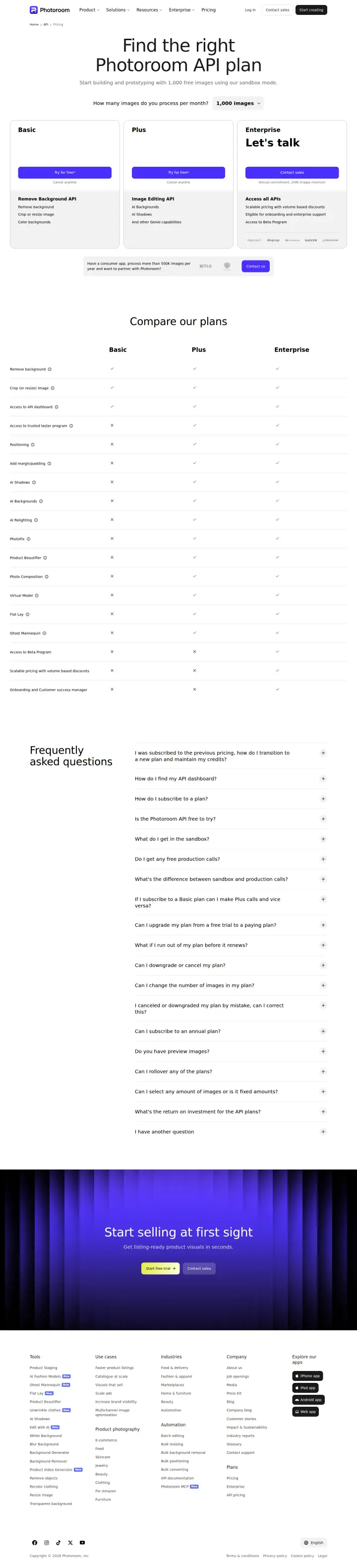 PhotoRoom api-pricing, captured Jul 22, 2026