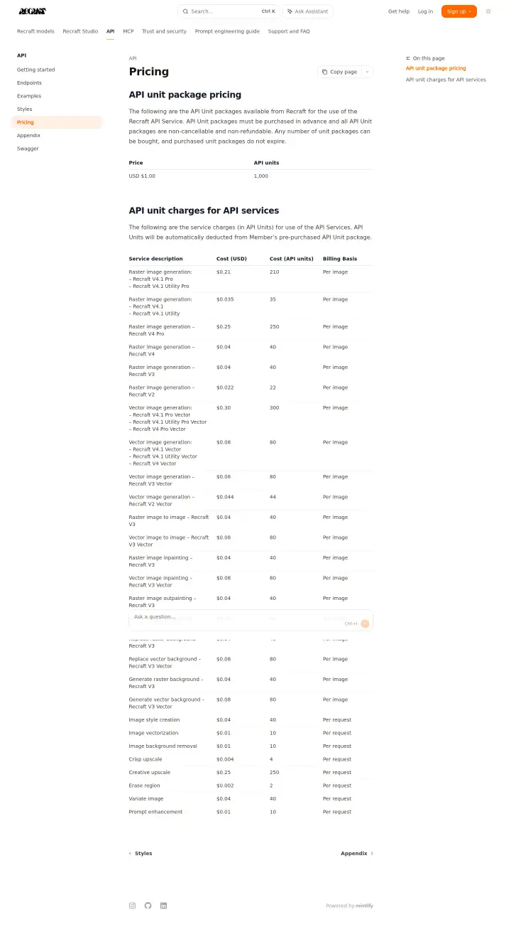 Recraft api-pricing, captured Jun 30, 2026