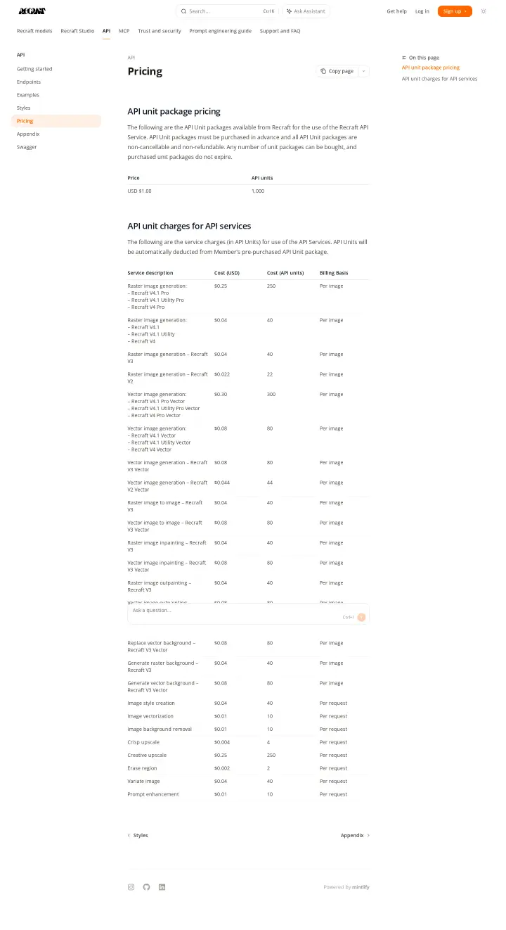 Recraft api-pricing, captured May 31, 2026