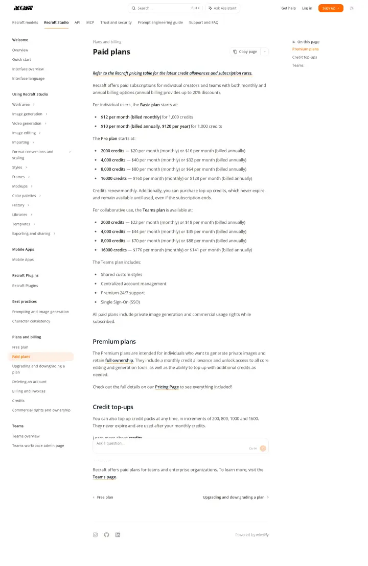 Recraft docs-pricing, captured May 31, 2026