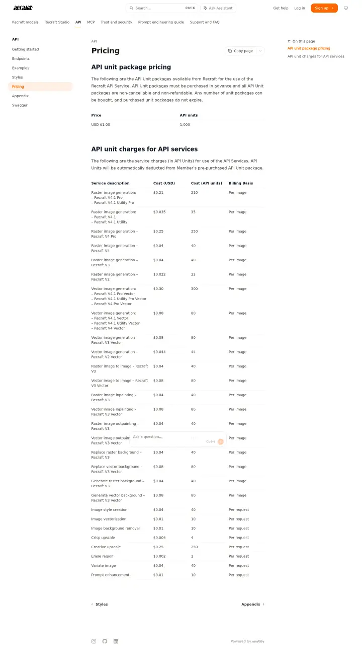 Recraft api-pricing, captured Jul 14, 2026
