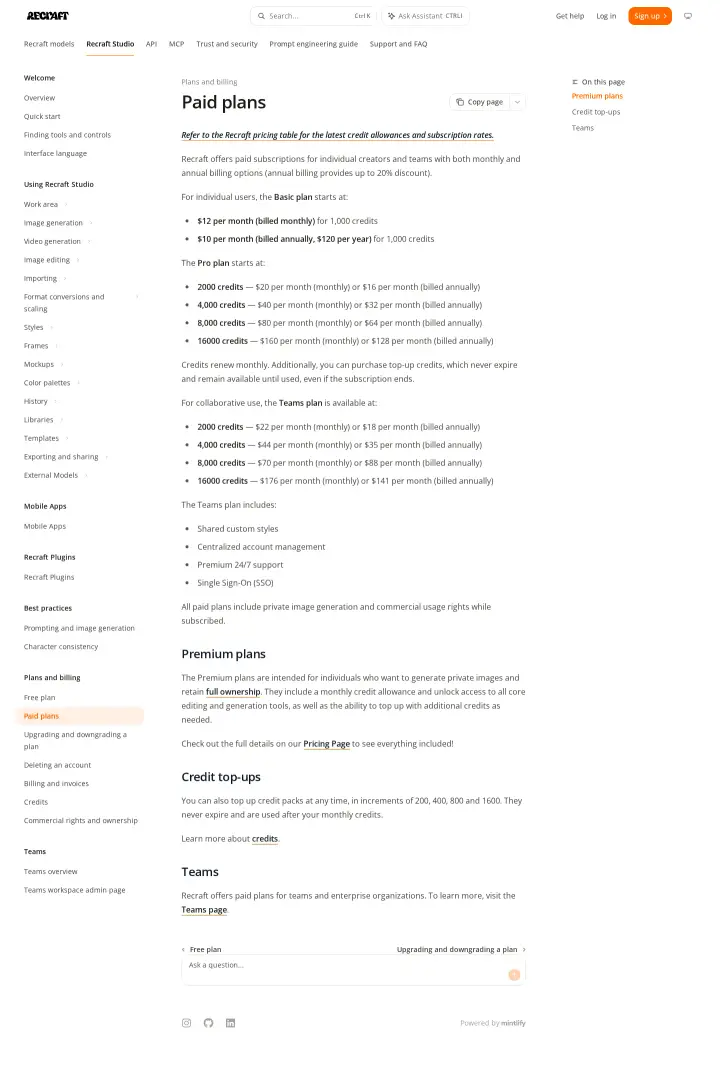 Recraft docs-pricing, captured Aug 28, 2026