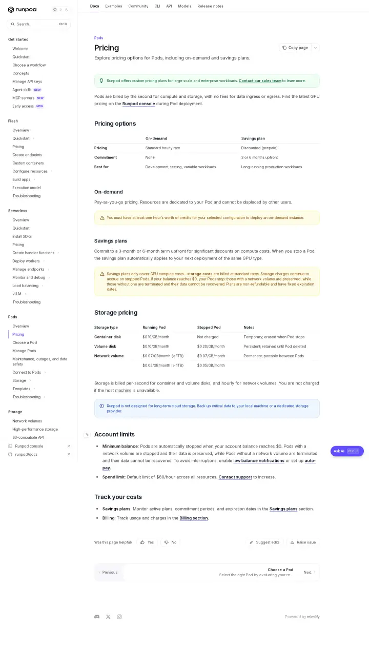 RunPod docs, captured Jul 14, 2026