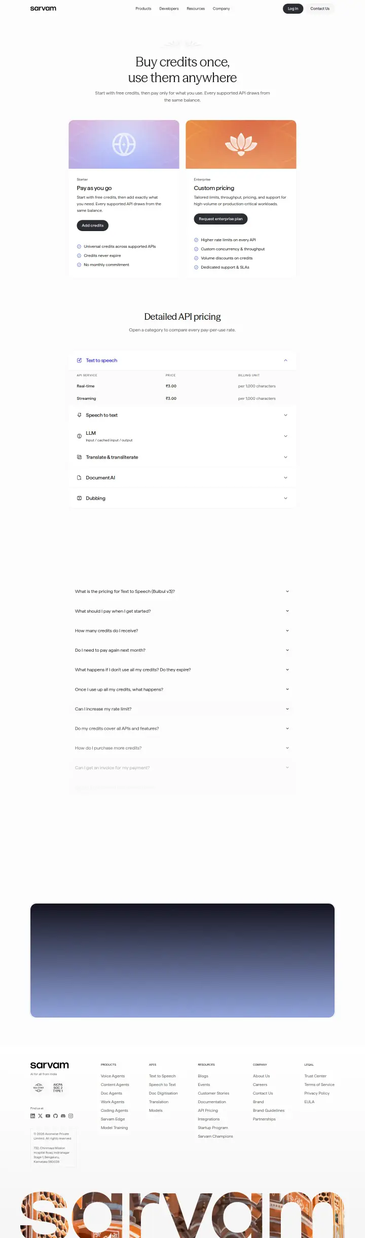 Sarvam AI api-pricing-business-enterprise, captured Aug 28, 2026