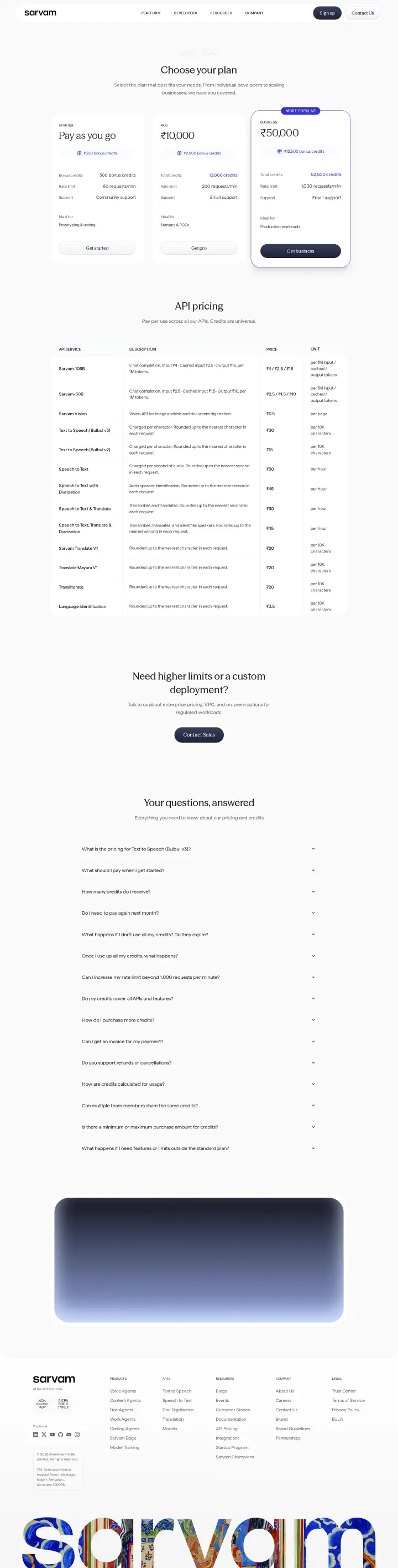 Sarvam AI api-pricing-business-enterprise, captured Aug 15, 2026