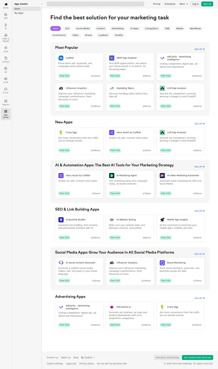 Semrush app-center, captured Aug 9, 2026