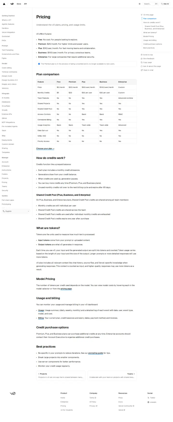 V0 by Vercel docs-pricing, captured Jul 21, 2026
